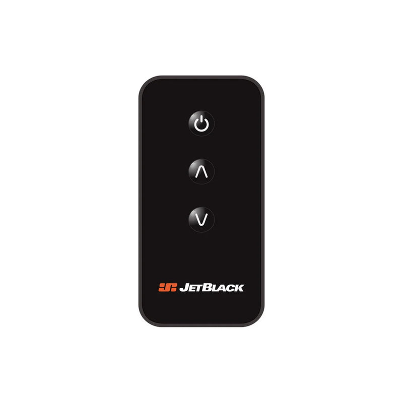 JetBlack Trainer Fan remote showing power button and up‑down airflow controls on white background.