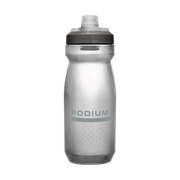 Silver water bottle with black cap on a white background