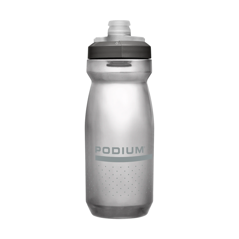 Silver water bottle with black cap on a white background