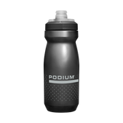Black water bottle with 'Podium' branding on a white background