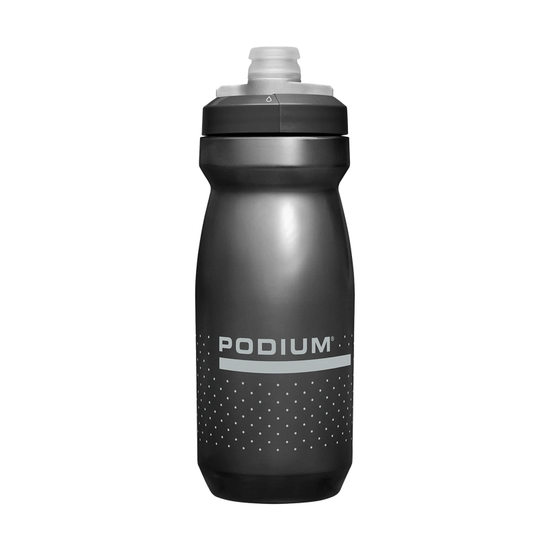 Black water bottle with 'Podium' branding on a white background