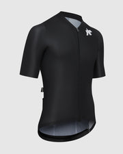 Black cycling jersey with a brand logo on a light gray background