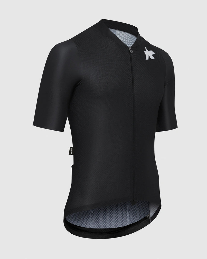 Black cycling jersey with a brand logo on a light gray background
