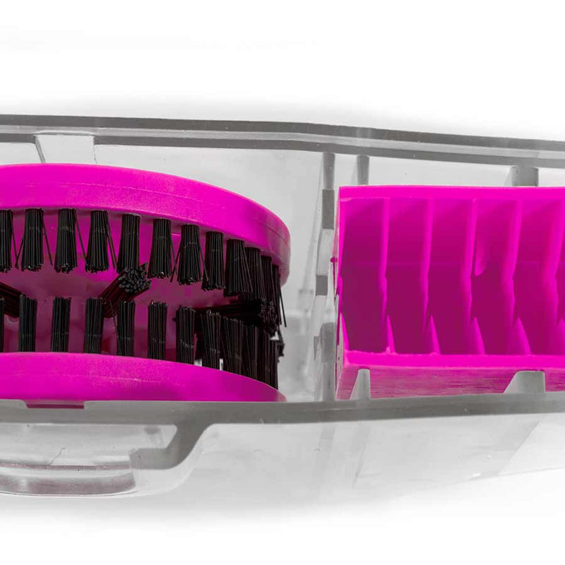 Close-up of a bright pink brush with black bristles inside a clear plastic case, alongside a matching pink compartment.