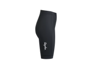 Black Rapha cycling shorts shown from the side profile on a solid white background, featuring the white script  Rapha logo near the lower leg.