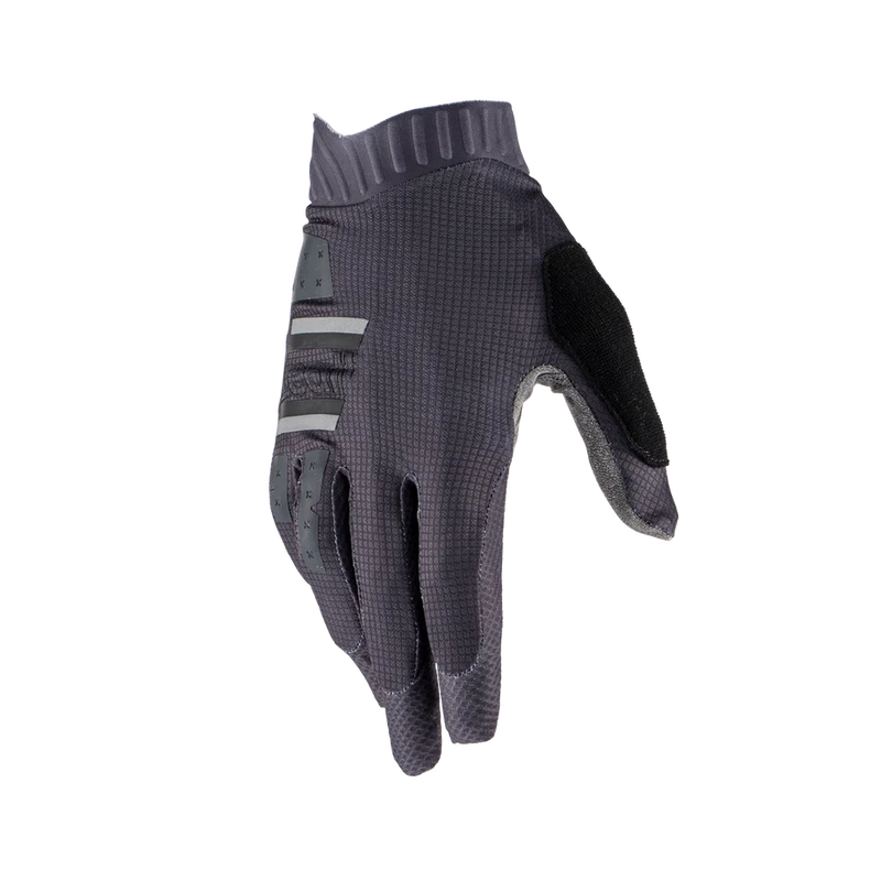 Leatt MTB 1.0 GripR Jr right glove, back view showing the dark grey textured upper and silicone grip details on a transparent background