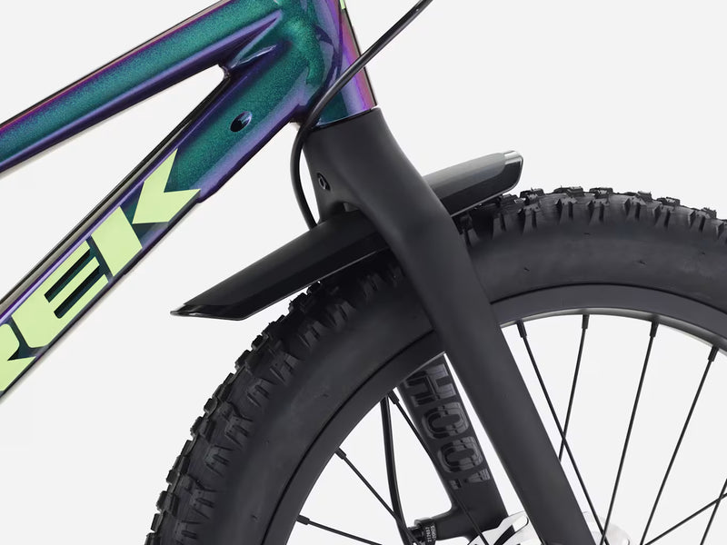 Trek Wahoo 20 Trail kids’ mountain bike in Emerald Iris (iridescent purple), close-up of the front wheel and carbon fork showing the front brake and tire