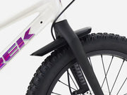 Trek Wahoo 20 Trail kids’ mountain bike in Crystal White, close-up of the front wheel and carbon fork showing the front brake and tire