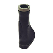 A black bicycle handlebar grip with textured grip panels and a metallic silver top collar, shown on a plain white background.