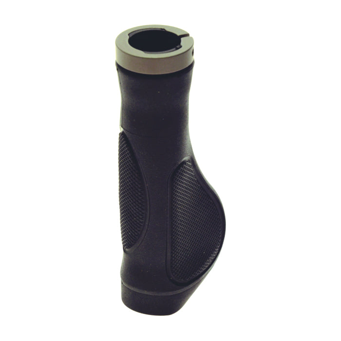 A black bicycle handlebar grip with textured grip panels and a metallic silver top collar, shown on a plain white background.