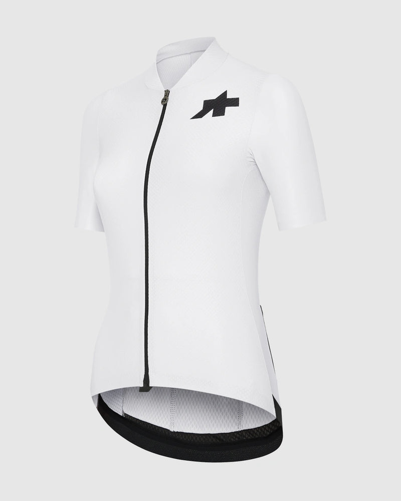 White cycling jacket with a black logo on a light gray background