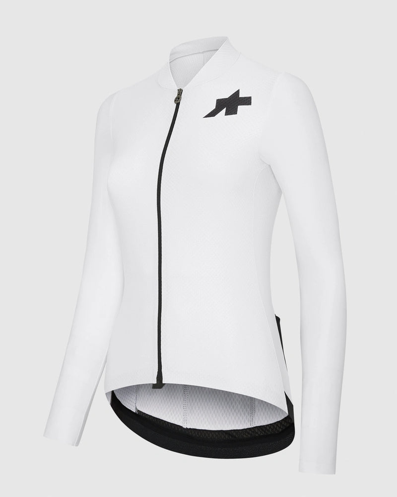 White cycling long-sleeved jersey with black accents on a light gray background