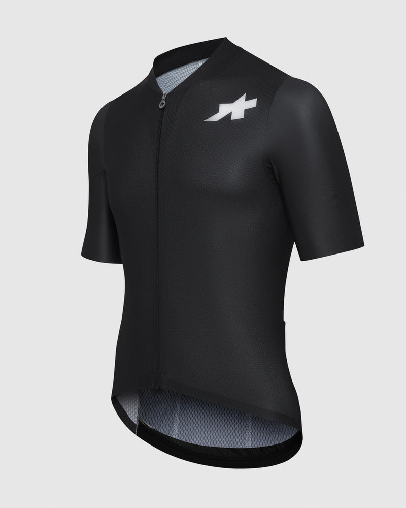 Black cycling jersey with a logo on a light gray background