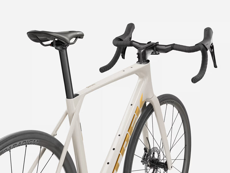 White bicycle with black components on a white background