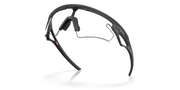 Black sunglasses with a clear lens on a white background
