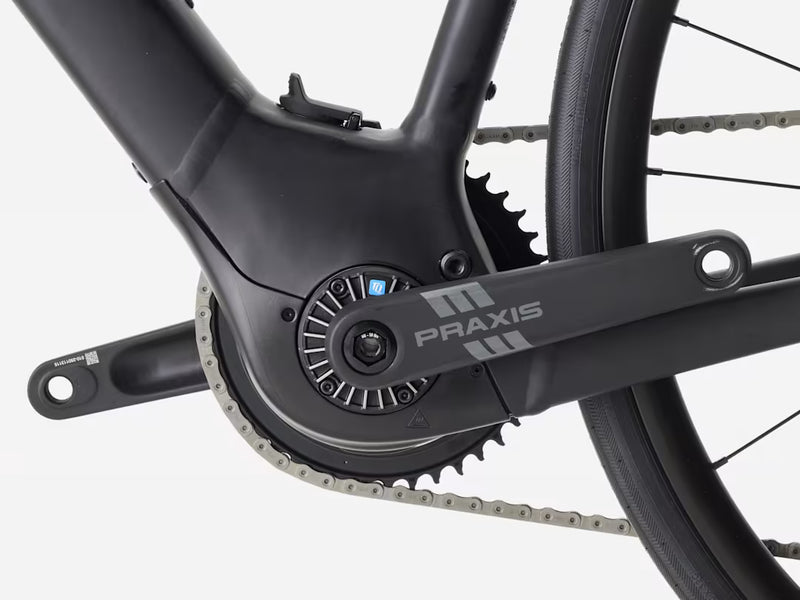 Product image of Trek road ebike Domane+ ALR 5 in black, close up on rear wheel