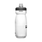 Clear water bottle with black cap and speckled pattern on a white background