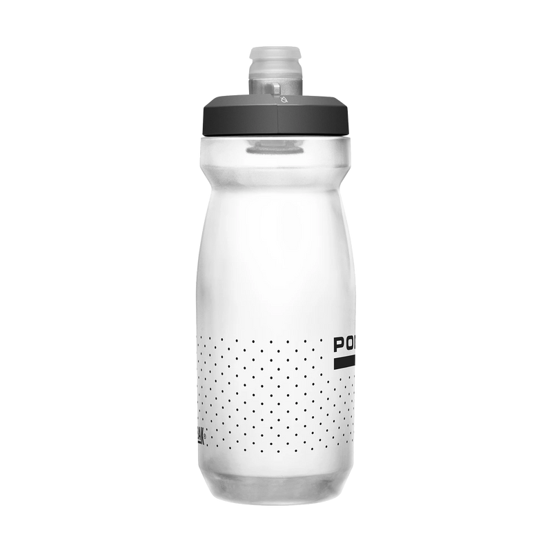 Clear water bottle with black cap and speckled pattern on a white background