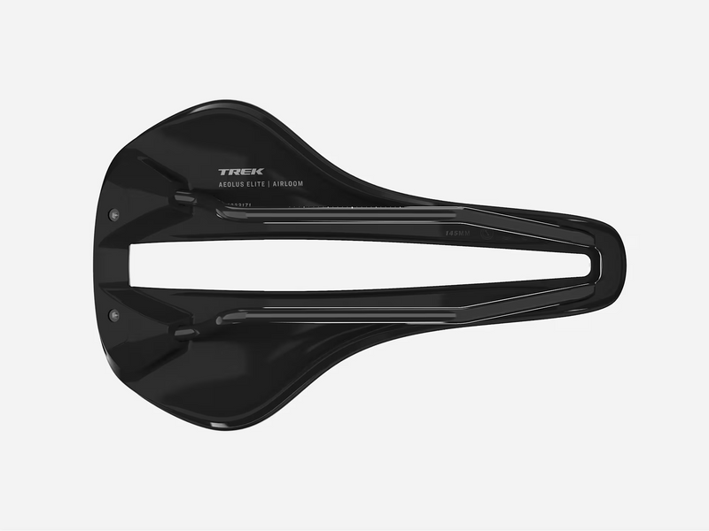 Black bicycle saddle with 'Trek' branding on a white background