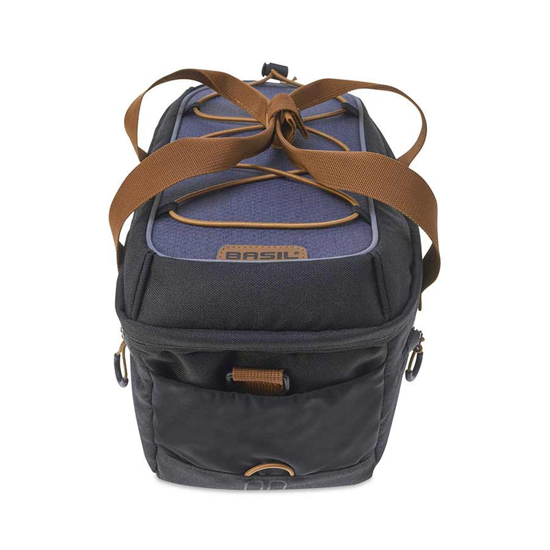 Basil Miles Trunk Bag 7L in Black Slate, front view showing the zippered pocket, brown strap and loop details, brown mounting straps, elastic cord with drawstring closure and BASIL branding detail on top
