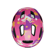 Pink children's helmet with unicorn and star design on a white background