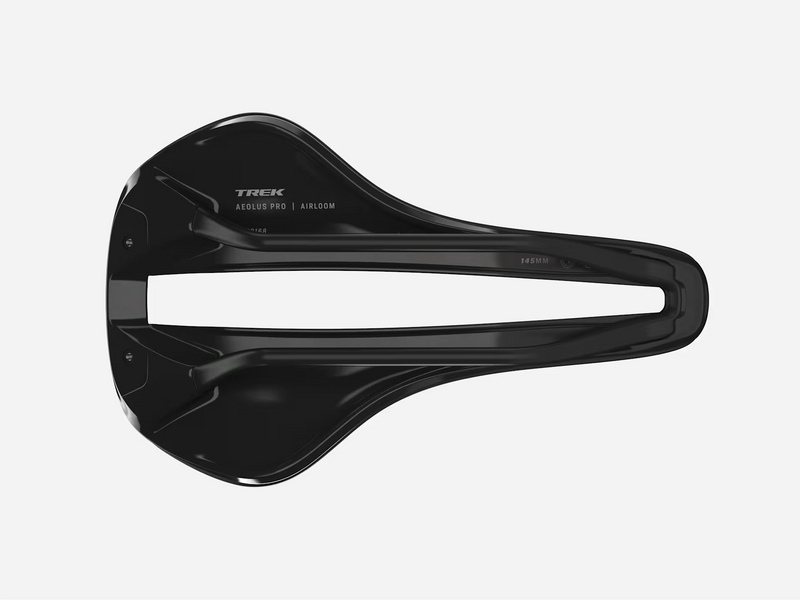 Black bicycle saddle with 'Trek' branding on a white background