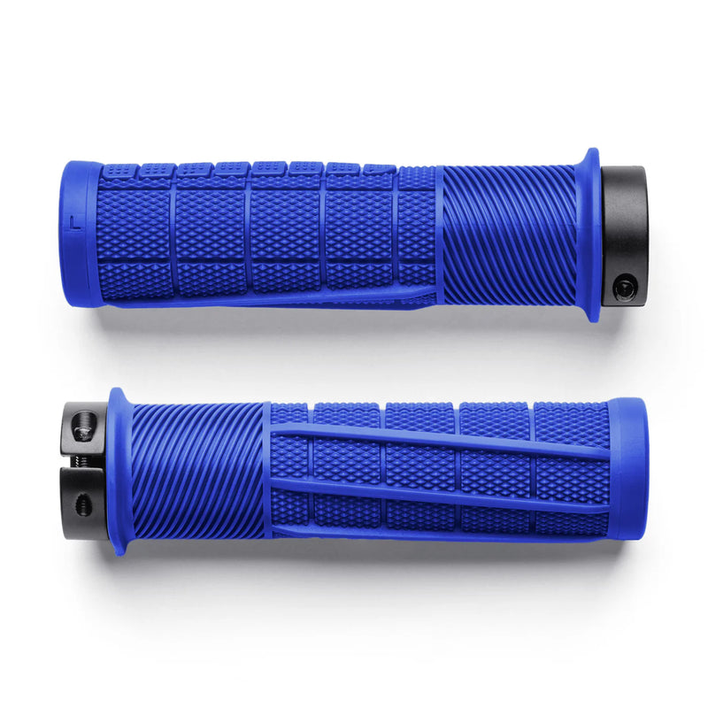 Pair of blue motorcycle grips on a white background