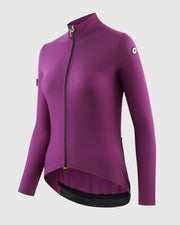 Assos UMA GT Spring Fall LS Jersey C2 in Purple Alchemy, ghosted three-quarter view showing the mock neck, full-length zipper and ASSOS logo on the upper arm