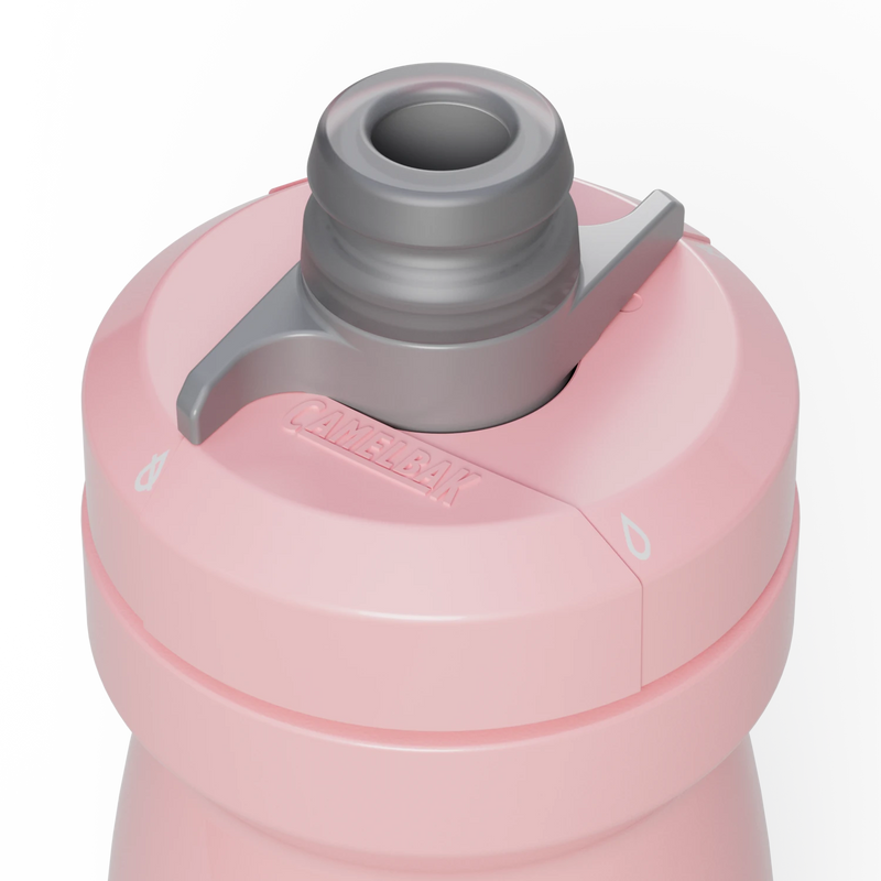 Close-up of a pink water bottle with a gray cap on a white background