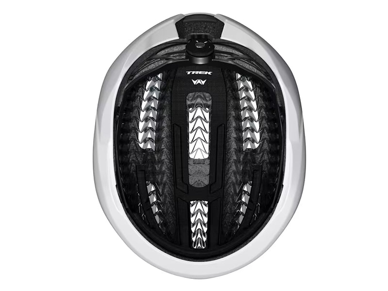 White bicycle helmet with black interior on a white background