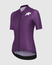 Purple cycling jersey with a logo on a light gray background