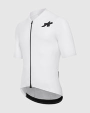 White cycling jersey with black logo on a white background