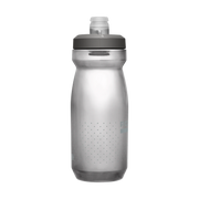 Silver water bottle with black cap on a white background