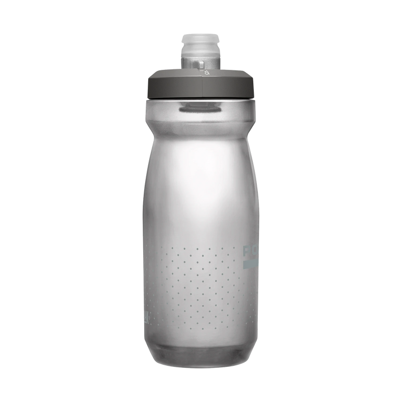 Silver water bottle with black cap on a white background