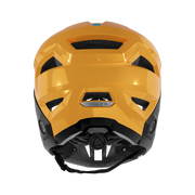 Yellow Leatt MTB Enduro 2.0 Junior helmet, back view with Enduro 2.0 badge and chin strap visible on a transparent background