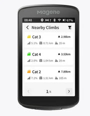 Gps device screen displaying nearby climbs with Magene branding