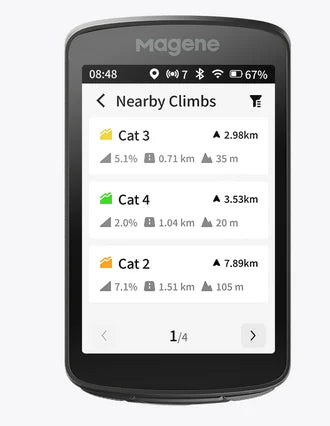 Gps device screen displaying nearby climbs with Magene branding