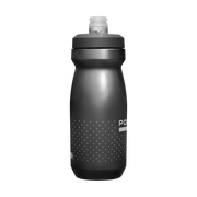 Black water bottle with white text on a white background