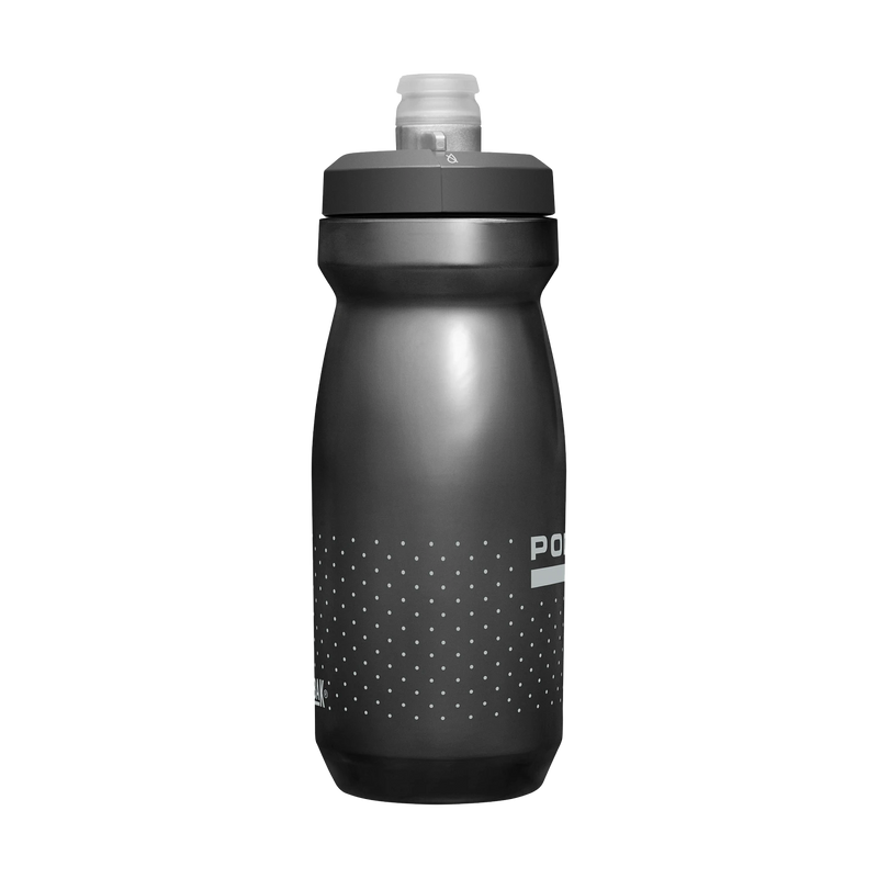 Black water bottle with white text on a white background