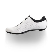 White cycling shoe with black accents on a white background