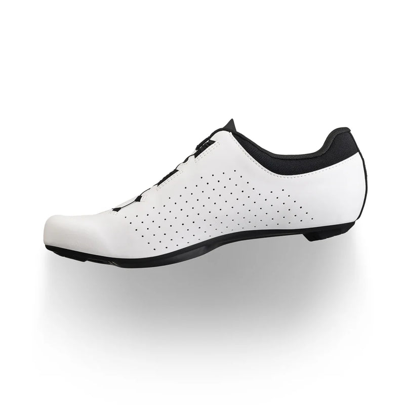 White cycling shoe with black accents on a white background