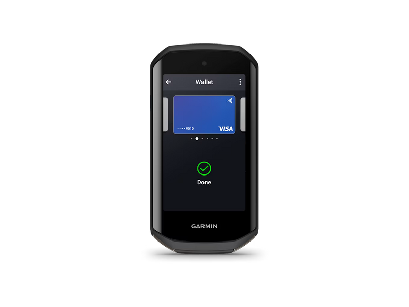 Garmin Edge 1050 GPS cycling computer displaying Garmin Pay contactless payment screen