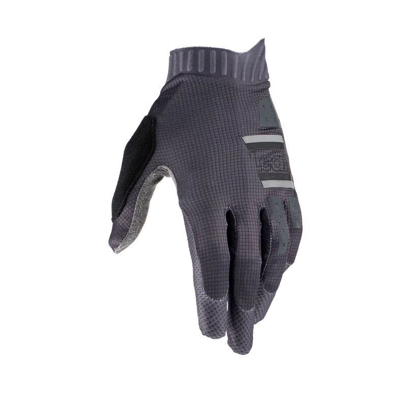 Leatt MTB 1.0 GripR Jr left glove, back view showing the dark grey textured upper and silicone grip details on a transparent background