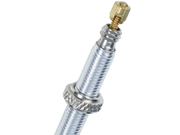 Tire pressure gauge with brass valve stem on a white background