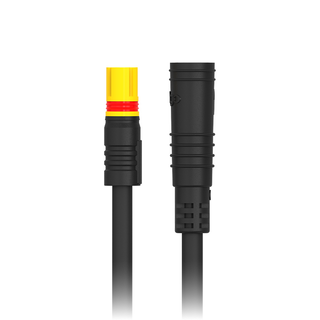 Two black connectors with yellow and red accents on a white background