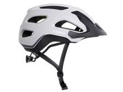 White and black bicycle helmet with 'Trek' branding on a white background