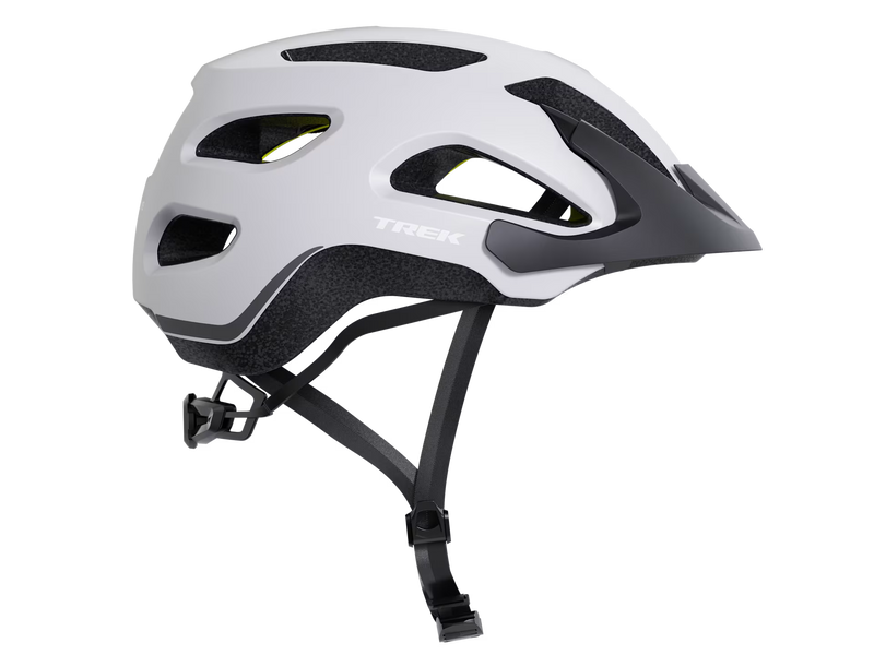 White and black bicycle helmet with 'Trek' branding on a white background