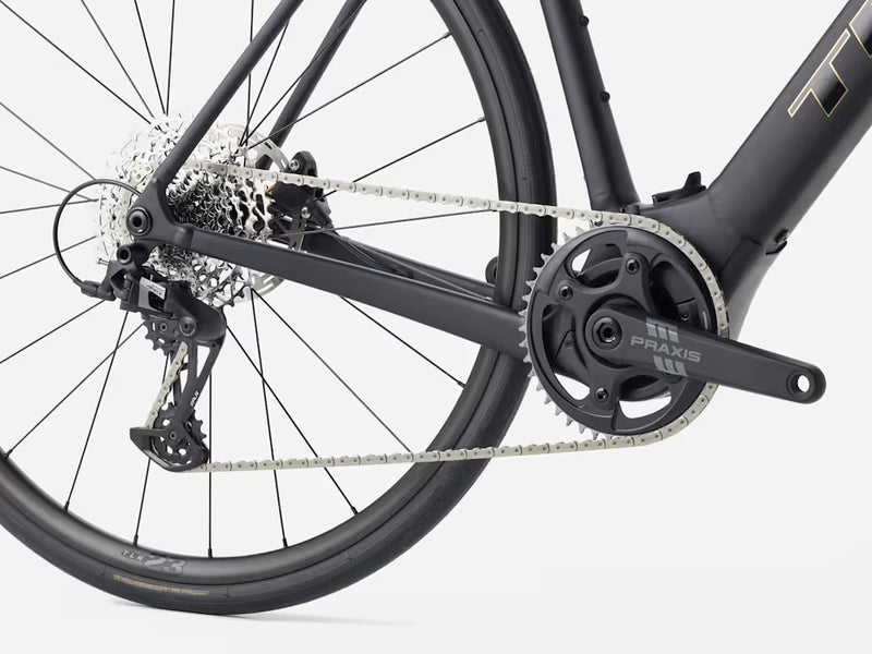 Product image of Trek road ebike Domane+ ALR 5 in black, closeup on rear of bike