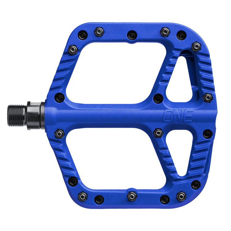 Blue bicycle pedal with 'ONE' branding on a white background