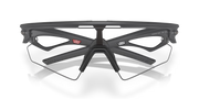 Black and white sports eyeglasses with a brand logo on a transparent background